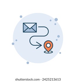 Cartoon map pointer vector illustration. Post office pin on bubbles background. Envelope with location pin.