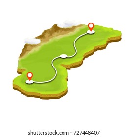 cartoon map realistic  route point with mountains and clouds