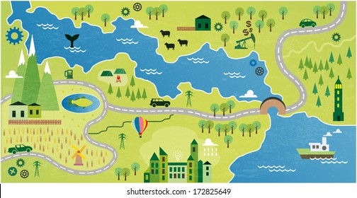 Cartoon map with river - Shutterstock ID 172825649