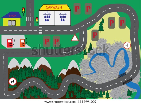 
Cartoon map with roads, trees and houses (carwash, oilpatrol,
market). City map for children. Play mat- city car
track