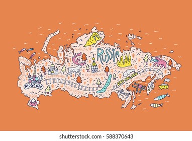 Cartoon map of Russia. Handdrawn illustration with all main tourist attractions. Great design element for travel blog, poster, tour guide company. Vector cartography.