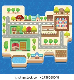 Cartoon Map With Sea, Board Game City Road, Background For Gaming Childish With Highway With Buildings, Illustrator Vector