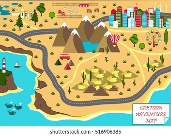 Cartoon Map With Sea, Mountains, Desert, And City. Adventure Space With Mystical Swamp, Old Ruins, Mountains, Lake, Cave, Desert, And Pyramids