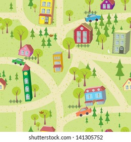 Cartoon map seamless pattern with houses and roads