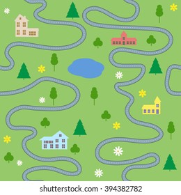 Cartoon map seamless pattern with houses and roads. Vector colorful background