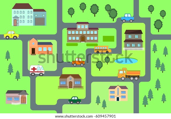 Cartoon map seamless pattern. (roads,\
cars and houses). City map for children. Play\
mat