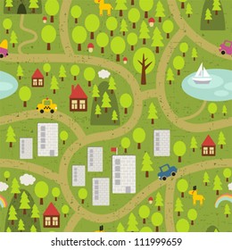 Cartoon map seamless pattern of small town and countryside. Vector landscape with houses, roads cars and animals for children .