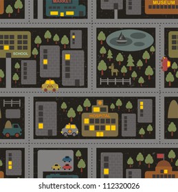 Cartoon map seamless pattern of summer city by night. Vector cityscape.
