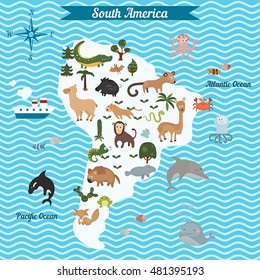 Cartoon map of South America continent with different animals. Colorful cartoon illustration for children and kids. South America mammals and sea life. Cartoon design concept for kids education.