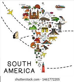 Cartoon map of South America. South America travel guide.  Travel Poster with animals and sightseeing attractions. Vector Illustration.