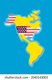 Cartoon map of South and North America with highlighted US state