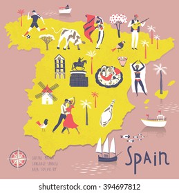 Cartoon Map Of Spain With Legend Icons