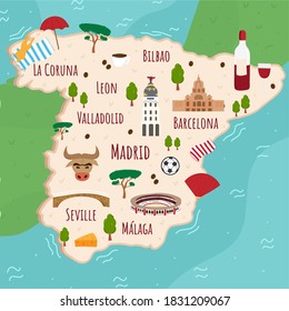 Cartoon map of Spain. Travel illustration with spanish landmarks, buildings, food and plants. Funny tourist infographics. National symbols. Famous attractions. Vector illustration