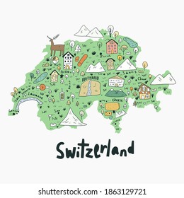 cartoon map of Switzerland in colorful modern style vector illustration. Illustrated map of Switzerland in handdrawn cute doodle style. Cartography concept. Vector illustration of cartoon map eps 10. 