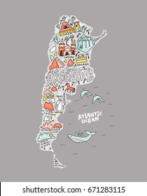 The cartoon map with the symbols of an Argentina vector illustration. 