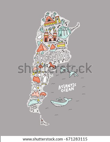 The cartoon map with the symbols of an Argentina vector illustration. 