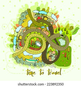 Cartoon map time to  travel. Vector.