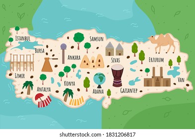Cartoon map of Turkey. Travel illustration with turkish landmarks, buildings, food and plants. Funny tourist infographics. National symbols. Famous attractions. Vector illustration