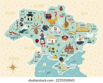 Cartoon Map of Ukraine with buildings, attractions and landscape. Symbols of independence