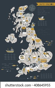 Cartoon Map of United Kingdom with Legend Icons