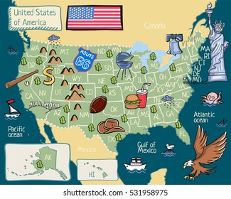 Cartoon map of United states of America