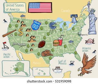 Cartoon map of United states of America