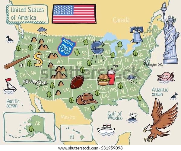 Cartoon map of United states of America