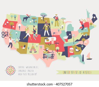 Cartoon Map of USA with Legend Icons