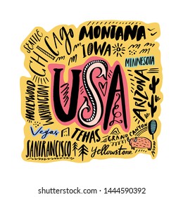 Cartoon map of USA vector illustration. Printable art for textile, souvenirs, picture for website, presentation and more. Explore World, travel concept.