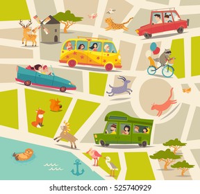 Cartoon map vector. Happy people, family with children, cute animals, birds, river, road, cars, bus and park. Abstract street map. Map cartoon illustration with traffic