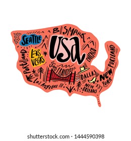 Cartoon map vector illustration. Printable art for textile, souvenirs, picture for website, presentation and more. Explore World, travel concept.
