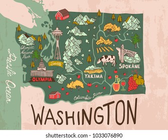 Cartoon map of Washington state. Travel and attractions.