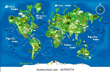 cartoon map of the world with animals