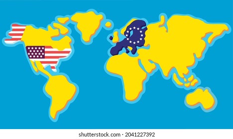 Cartoon map of the world with a dedicated US state and the European Union