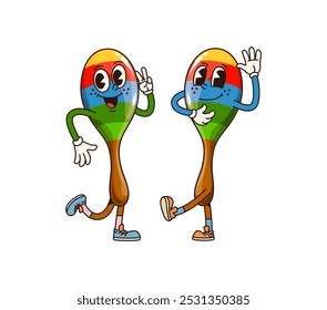 Cartoon maracas groovy musical instrument characters pair. Isolated vector mexican percussion rattle personages dancing during Fiesta or Cinco de Mayo Latin party celebration exuding retro funky vibes