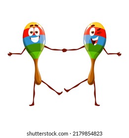 Cartoon maracas twins characters, isolated vector mexican musical instruments personages holding hands and dancing. Fiesta or Cinco de Mayo latin party celebration, maraca music play, school classes