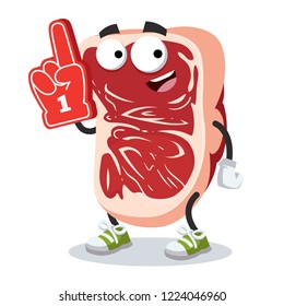 cartoon marbled beef steak character mascot with the number 1 one sports fan hand glove on a white background