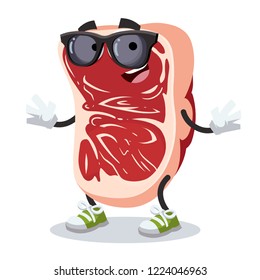 cartoon marbled beef steak character mascot in black sunglasses on a white background