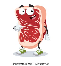 cartoon marbled beef steak mascot showing himself on a white background