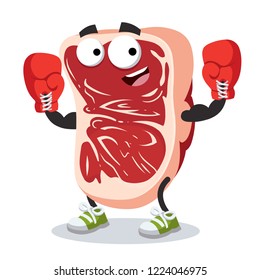 cartoon marbled beef steak mascot in red boxing gloves on white background