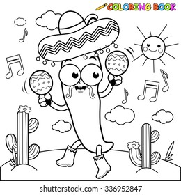 Cartoon mariachi chili pepper with maracas. Vector black and white coloring page.