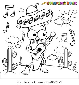 Cartoon mariachi chili pepper playing the guitar. Vector black and white coloring page.