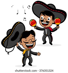 Vektor-mexikanische Mariachi-Cartoon-Männer, die Sombreros tragen, singen und Maracas spielen.