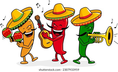 Cartoon mariachi peppers with sombreros, playing music with maracas, guitar and trumpet. Vector illustration.