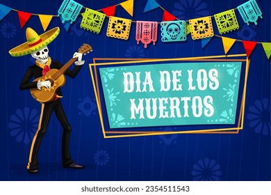 Cartoon mariachi skeleton and papel picado flags. Dia de los Muertos banner. Mexico traditional carnival invitation, Day of the Dead celebration vector banner with skeleton musician playing on guitar