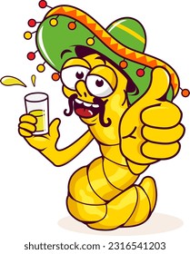 Cartoon mariachi tequila worm drinking a shot of tequila. Vector illustration