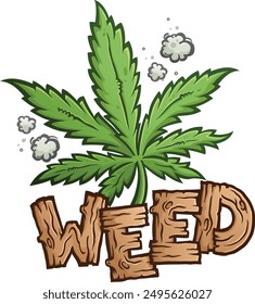 Hoja de marihuana de dibujos animados rodeada de bocanadas de humo de cannabis detrás de la palabra hierba escrita en una letra de madera 