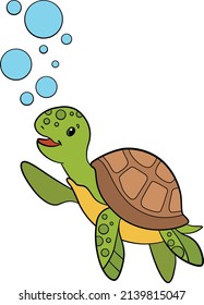 Cartoon marine animals. Cute little baby sea turtle swims undeerwater and smiles. Bubbles in the water.