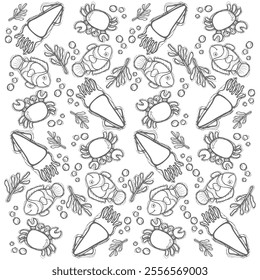 Cartoon of marine animals doodle pattern