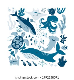 Cartoon marine animals. Wildlife underwater animals vector illustration set